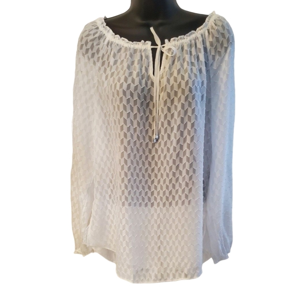 White House Black Market White Sheer Long Sleeve Blouse with Tie Detail Size M
